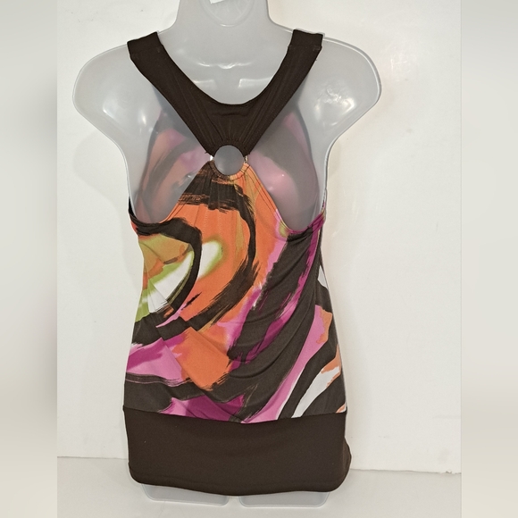 IZ BYER Women's Sleeveless V Neck Top Brown Multi-Color Abstract Design Medium - Picture 4 of 12